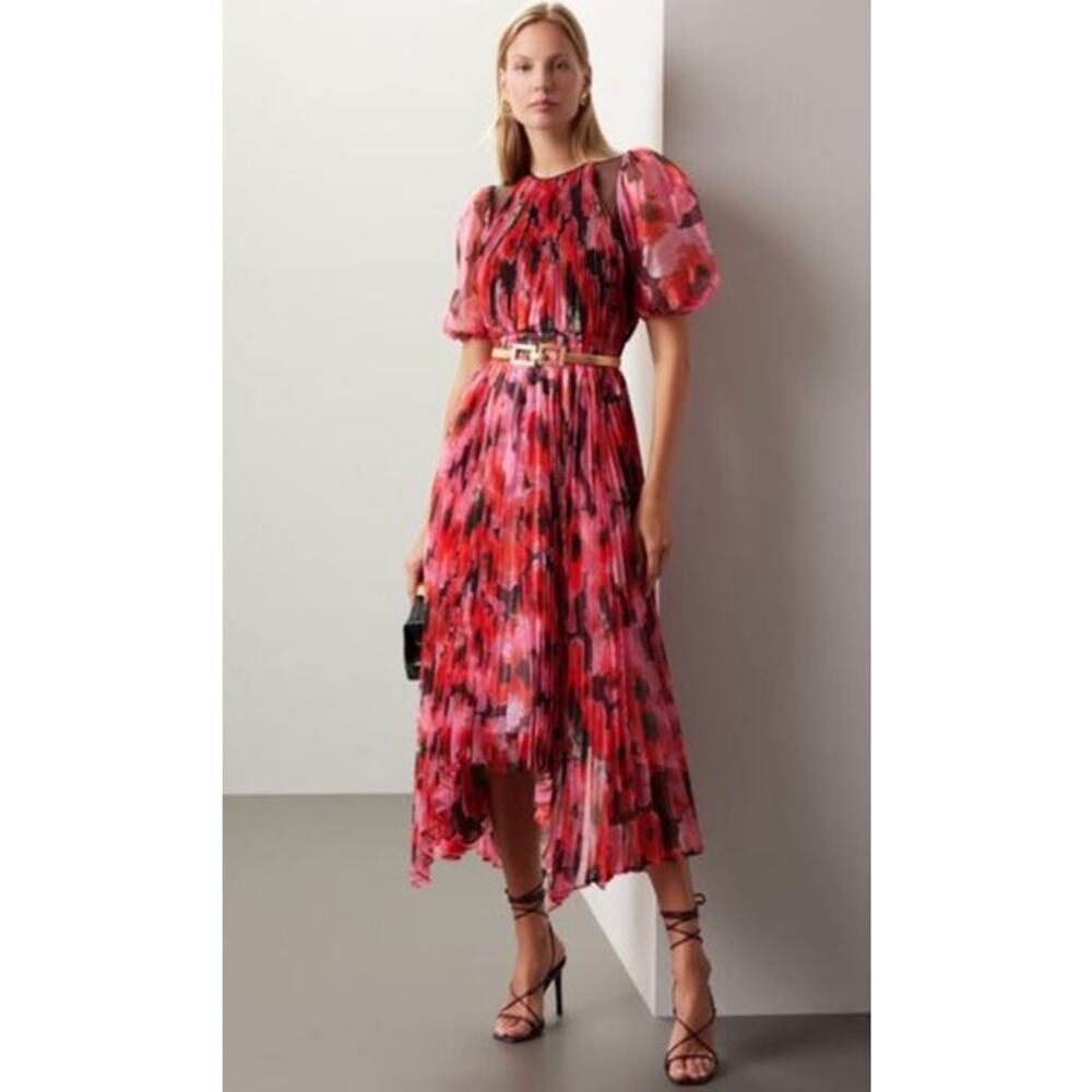 Bibhu Mohapatra Pleated Dress Floral Organza Puff Sleeve Asymmetric Hem Red 16